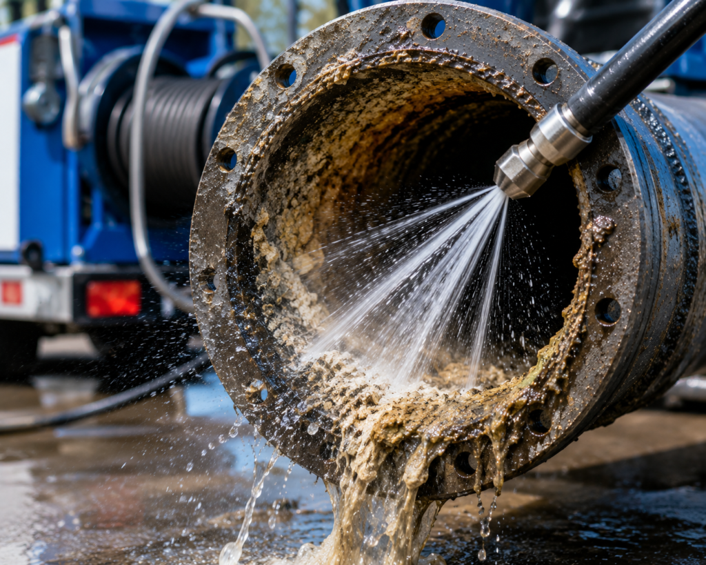 Hydro jetting removing heavy mineral scale and grease buildup from an industrial drain pipe using high-pressure water spray.