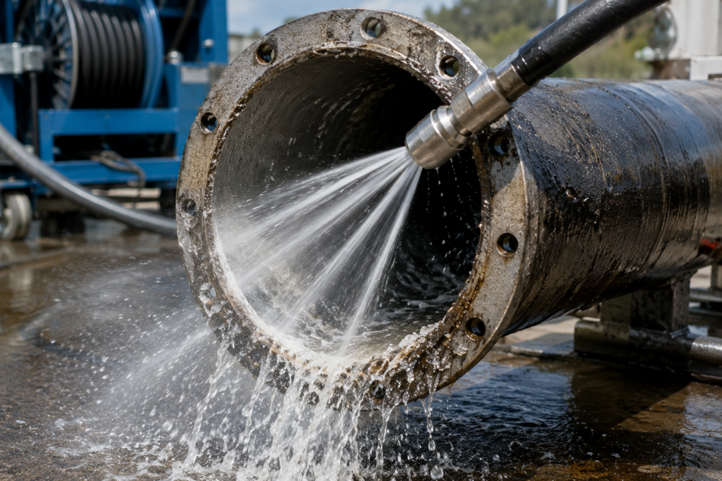 Hydro jetting cleaning grease and scale buildup inside an industrial drain pipe.
