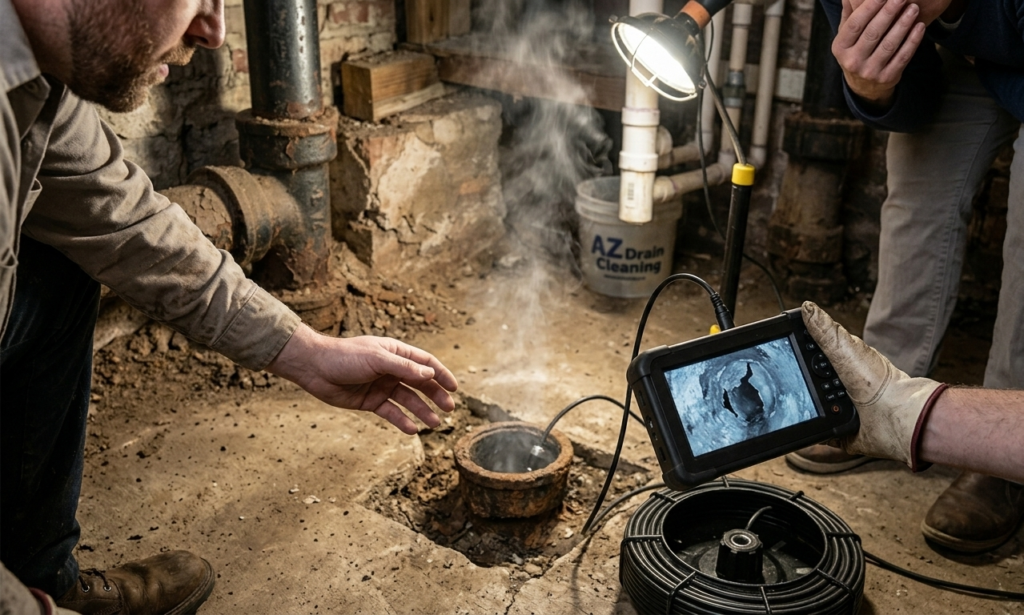 Plumber inspecting a broken sewer pipe causing foul odors.