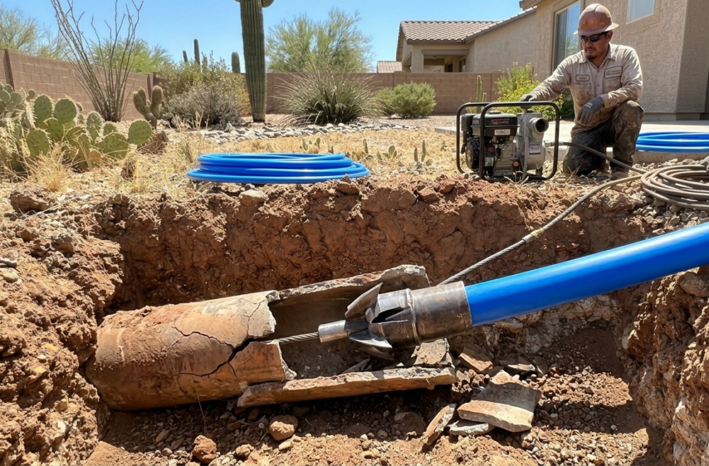 Trenchless pipe bursting replacing an underground sewer line