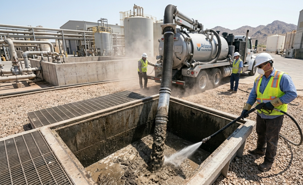 An industrial vacuum truck extracting thick sludge from a below-grade concrete sump at an industrial facility.