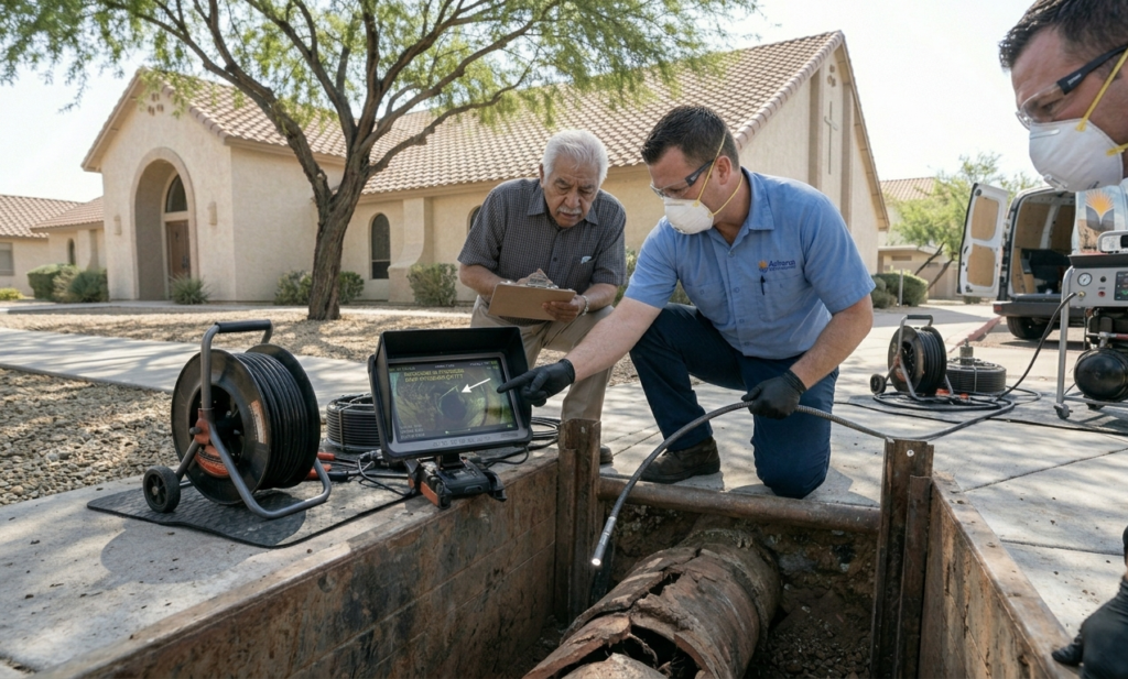 A plumber showing a facility manager diagnostic camera footage of a pipe.