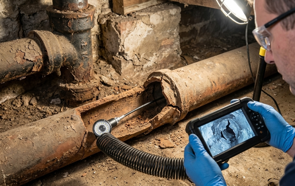 Plumber using a camera to inspect a cracked, old pipe.