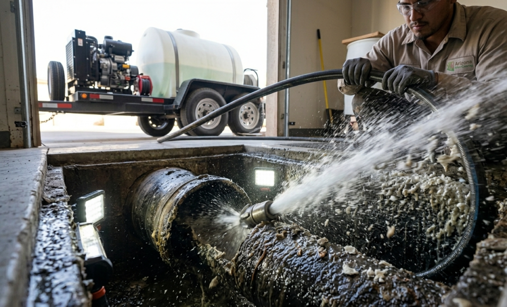 A plumber hydro jetting a commercial drain pipe to clear scale and sludge.