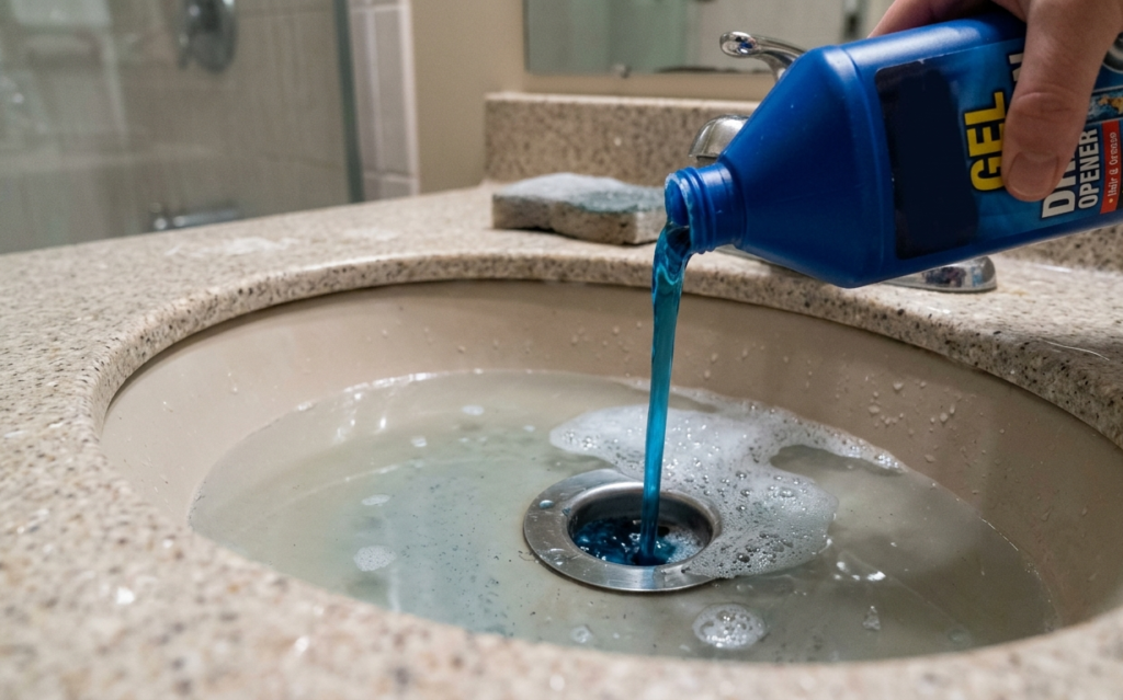 Thick blue chemical gel being poured into a clogged, water-filled bathroom sink.