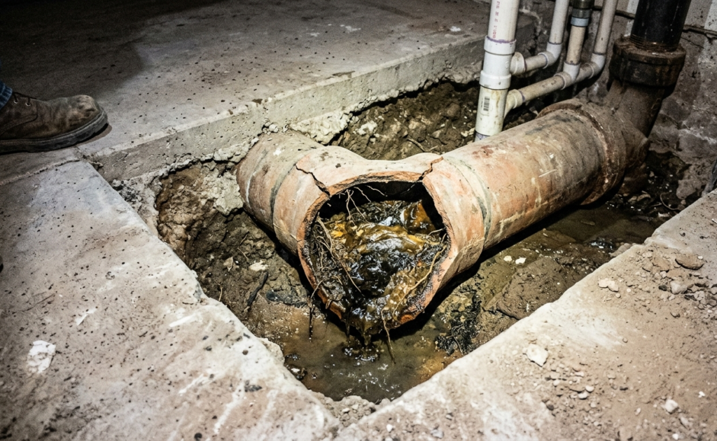 Broken clay sewer pipe exposed in an excavation trench, tightly packed with dark waste and thick tree roots.