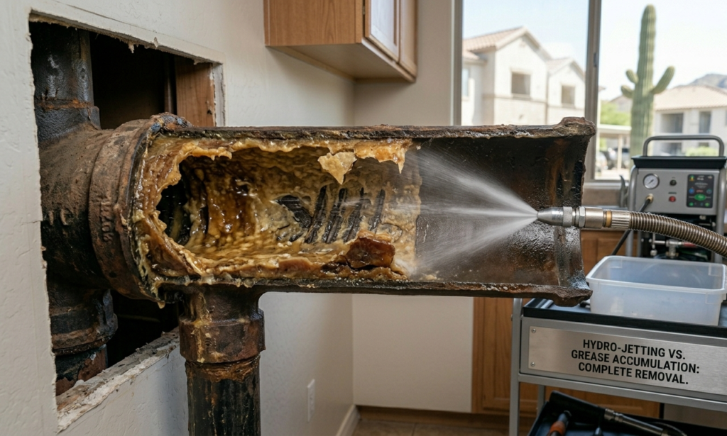 A hydro-jetting nozzle blasting high-pressure water inside a cutaway kitchen pipe to clear out thick grease buildup.
