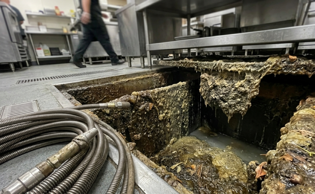 Thick grease and organic sludge buildup inside an opened commercial kitchen floor drain interceptor.