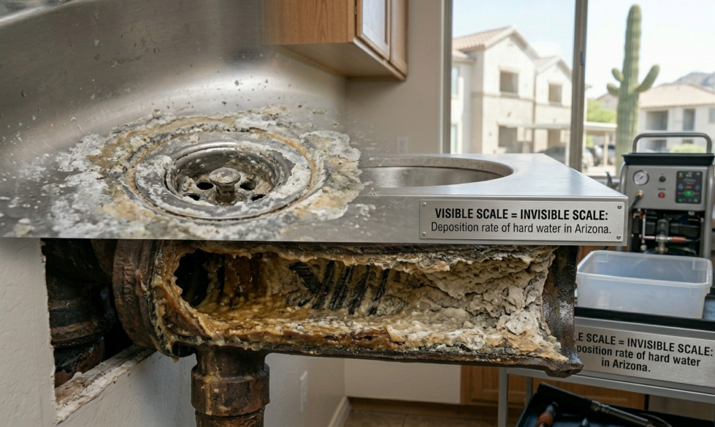 Split view of heavy mineral scale around a sink drain and thick buildup inside a cutaway pipe.