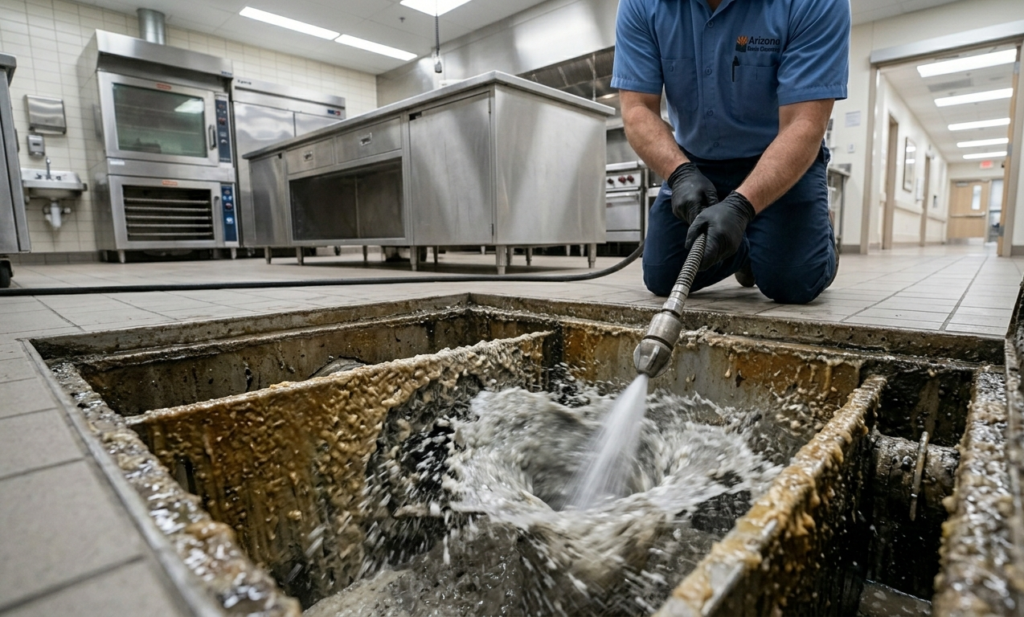 A plumber hydro jetting a grease trap in a commercial healthcare kitchen to clear thick buildup.