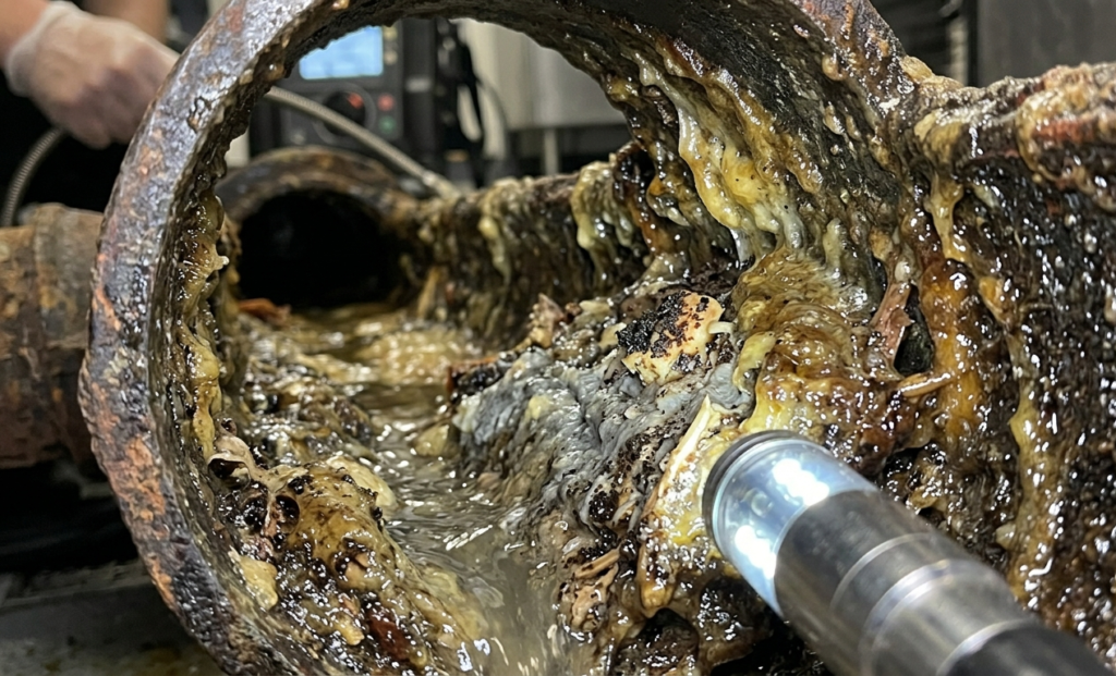 A sewer camera inspecting the inside of a pipe heavily restricted by thick grease and organic sludge.
