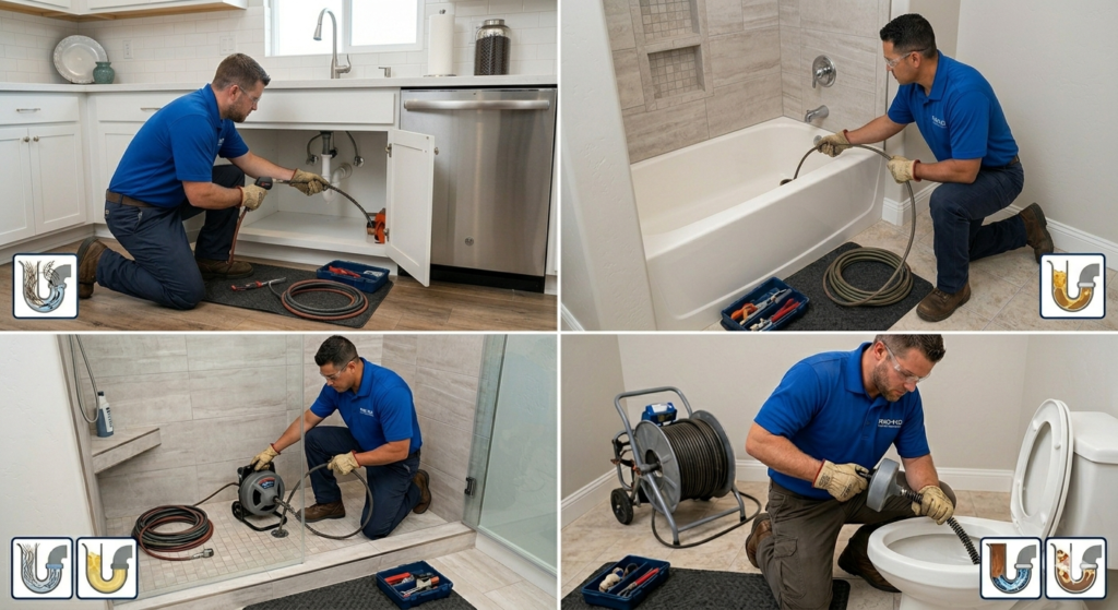 A concise four-panel collage showing a plumber clearing a kitchen sink, a bathtub, a shower drain, and a toilet.