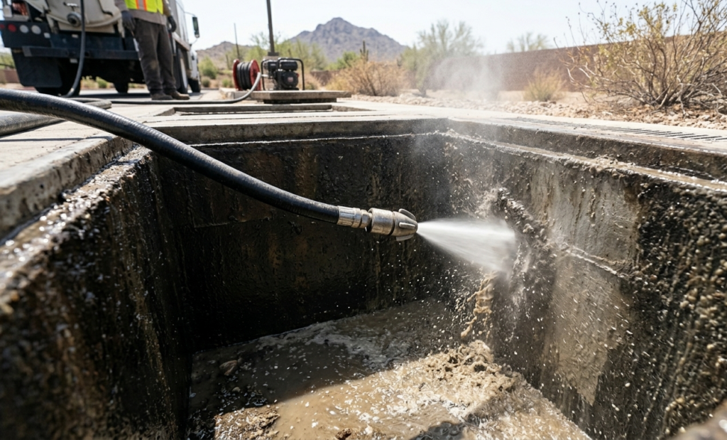 A hydro jetting nozzle blasting high-pressure water to clean a concrete catch basin.