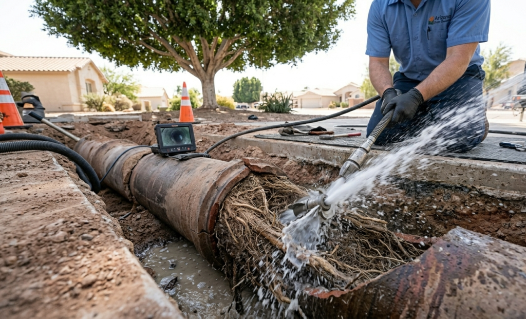 A plumber using a root-cutting hydro jetter to clear tree roots from a sewer line
