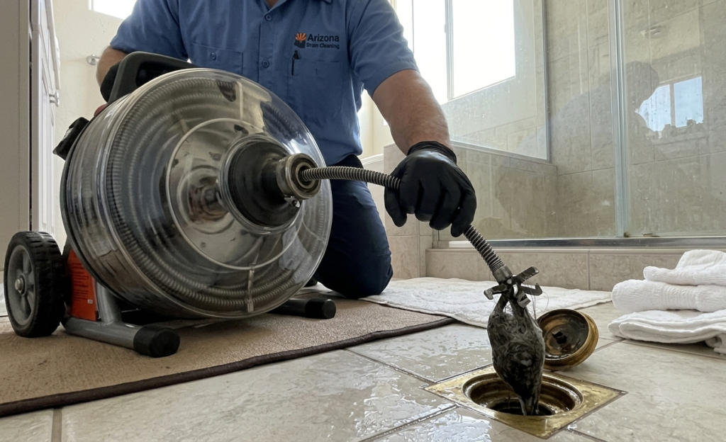 A close-up of a professional power drain snake clearing a severe hair clog.