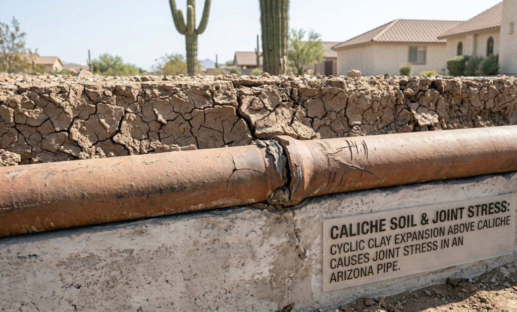 A cracked underground sewer pipe joint sitting on a hard concrete-like caliche soil layer beneath dry, cracked clay earth.