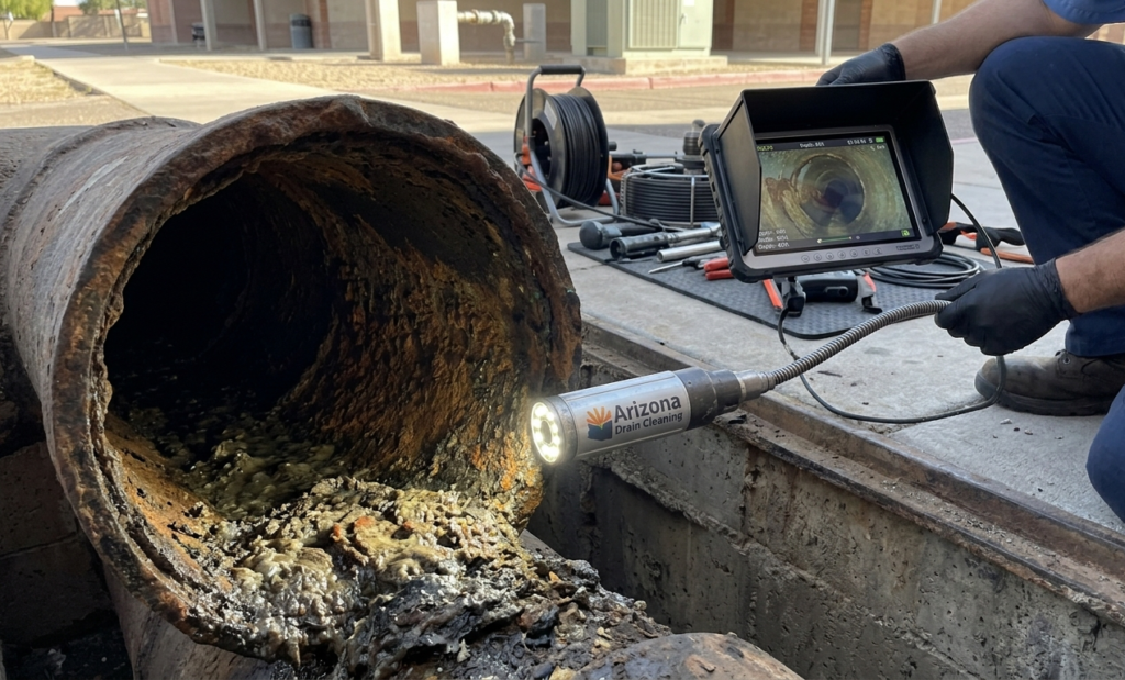 A plumber performing a video camera inspection on a corroded sewer pipe.