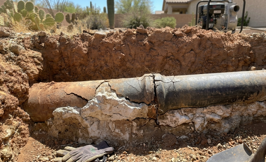 An excavated clay sewer pipe showing a cracked, separated joint embedded in dense Arizona caliche soil.
