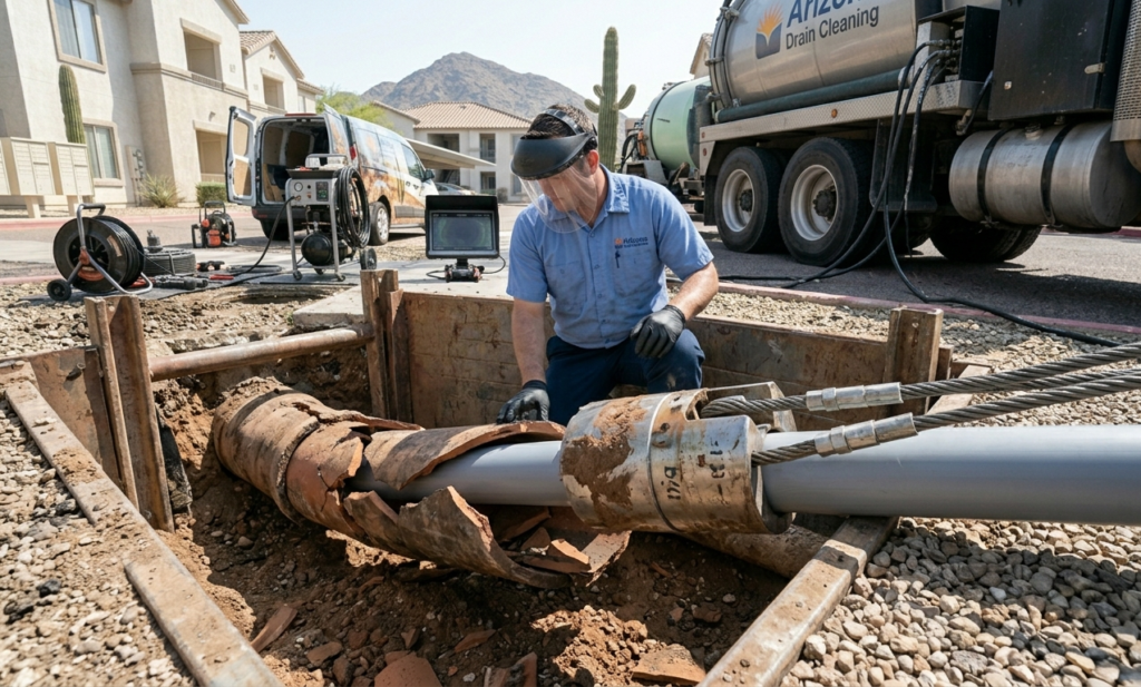 A technician monitoring a pipe bursting head fracturing an old pipe to pull a new one in.