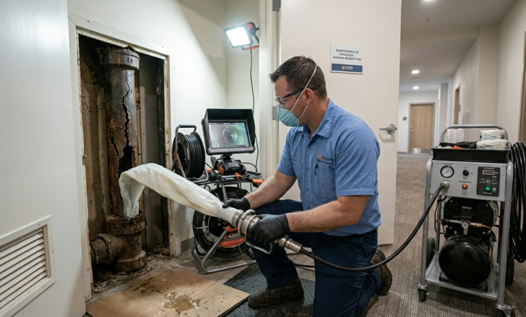 A technician installing a trenchless liner into a corroded drain stack.