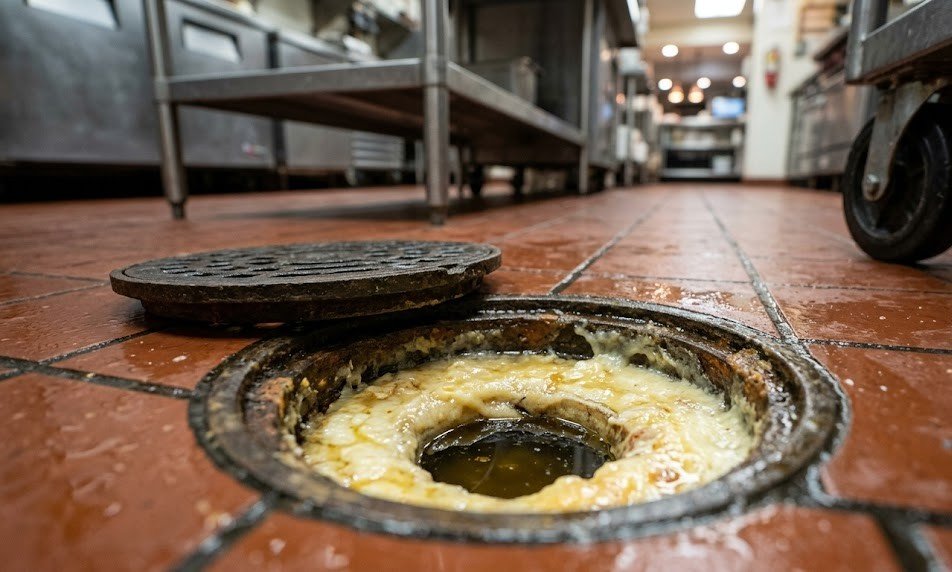 A greasy commercial kitchen floor drain with a partially lifted cover.