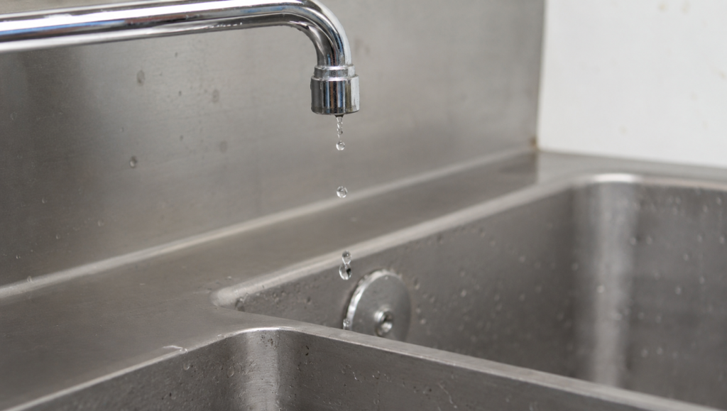 Air gap between faucet and commercial sink for backflow prevention.