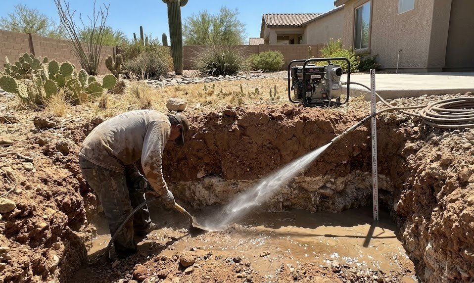A landscaping crew digging a drainage trench in a desert backyard to resolve pooling water issues.